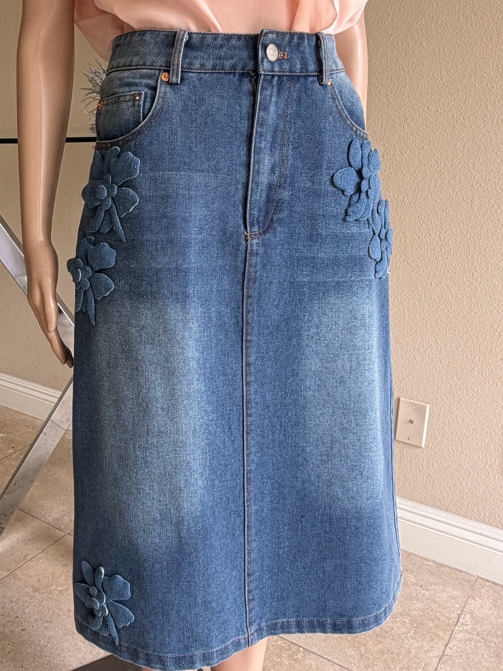 Blue Denim Floral Applique Midi Skirt